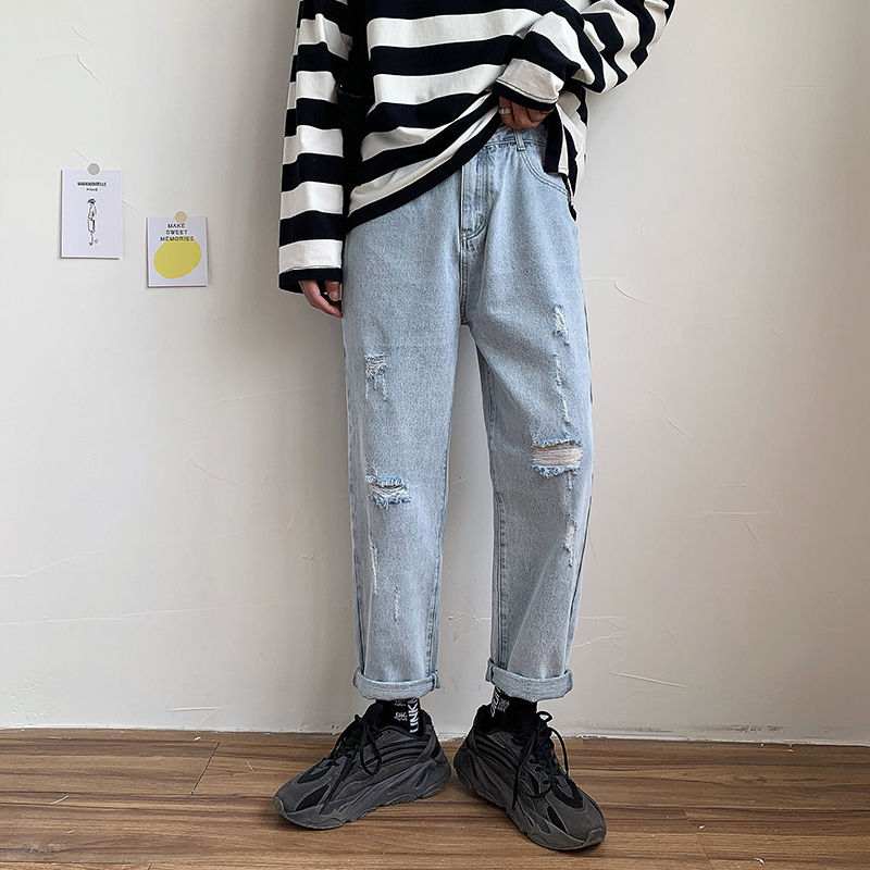 

Korean Straight Jeans Men' Fashion Retro Casual Ripped Jeans Men Streetwear Wild Loose Hip Hop Hole Denim Pants Mens -2XL, Light blue