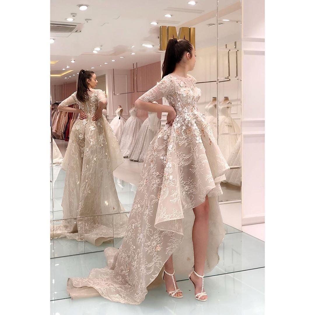 

Elegant Beaded New Arrival High Low Lace Prom Dresses 2020 Split Prom Gowns Strapless Evening Dress vestidos de fiesta, Pink