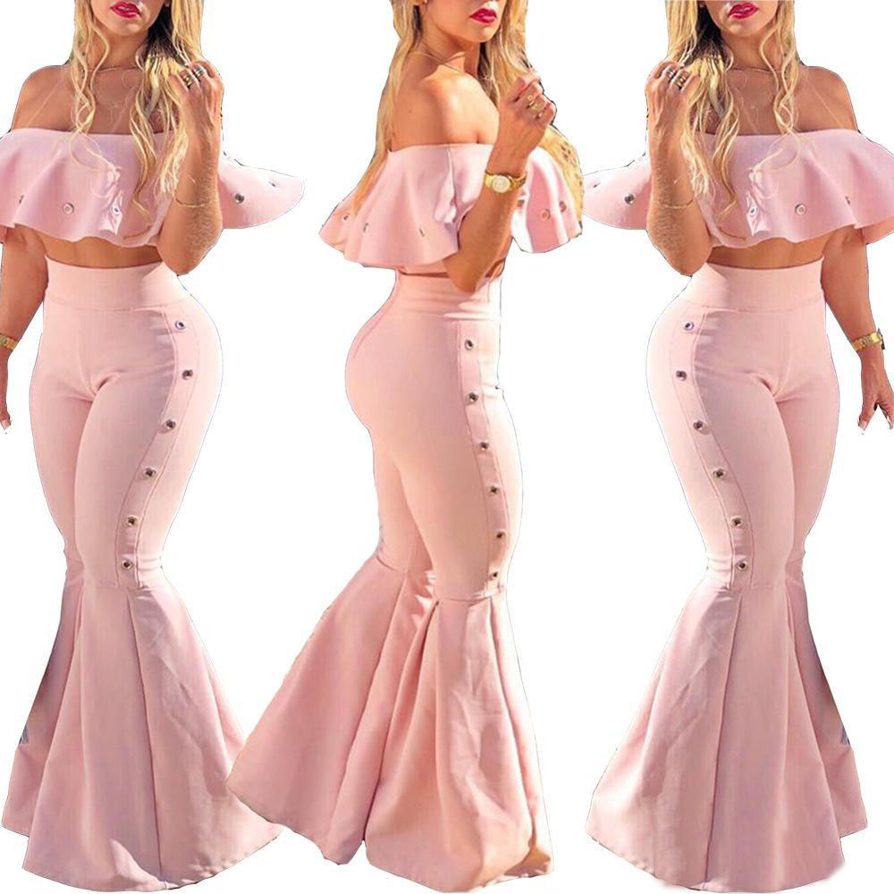 

2019 Women Autumn Summer Short Sleeve Slash Neck Off Shoulder Ruffle Top Pants Suit Two Piece Set Fashion Sexy Tracksuit Outfit, White