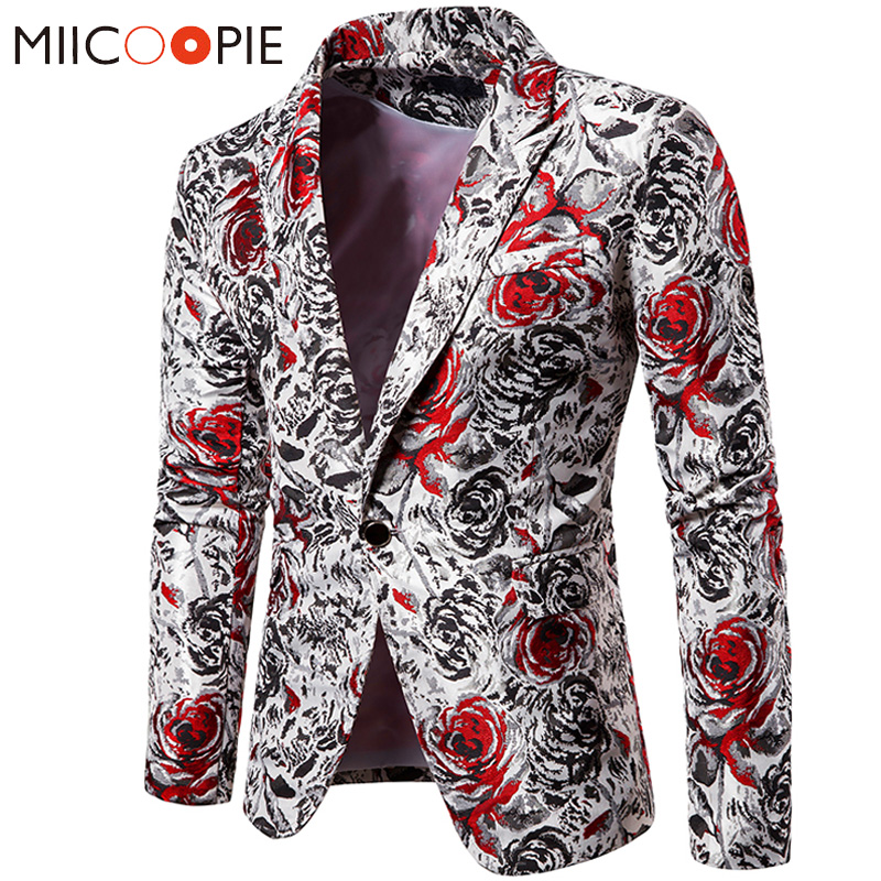

Luxury Men Suit Jacket Floral Blazer Masculino Rose Printed Evening Dress 2019 Casual Blazer Men Single Button Slim Fit Jacket, Red