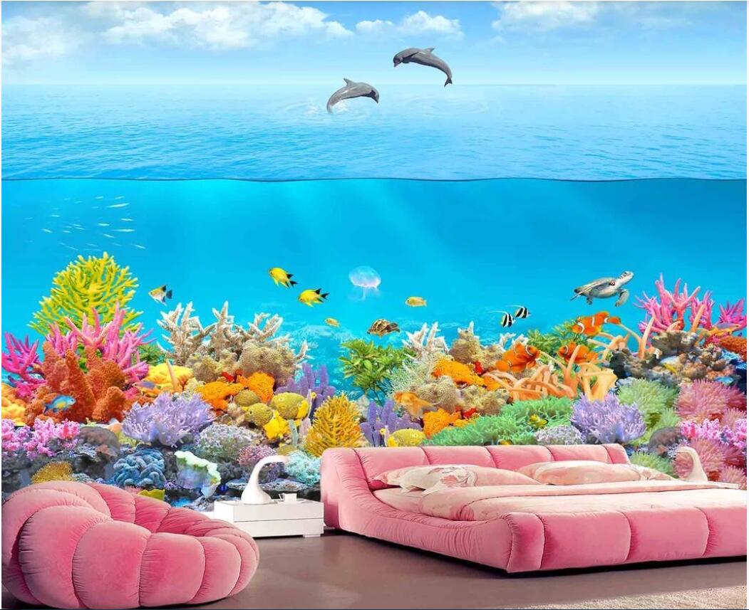 

3d room wallpaper on a wall custom photo mural Underwater world dolphin cove coral 3D TV background wall wallpaper for walls 3 d, Non-woven fabric