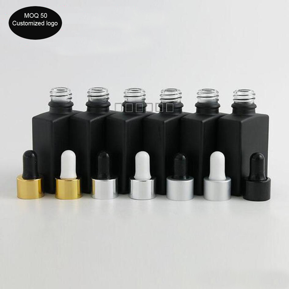 

50pcs/lot Frosted square flat black bottle 30ML essential oil bottled glass bottle power distribution aluminum tip dropper