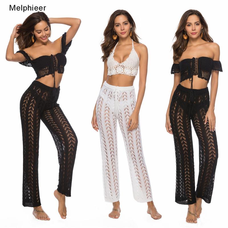 

Melphieer Lady's 2020 Beachwear Clothing Knitted Hollow out Sexy Beach Cover Pant Drawstring Crochet Pants Beach Cover Bottom