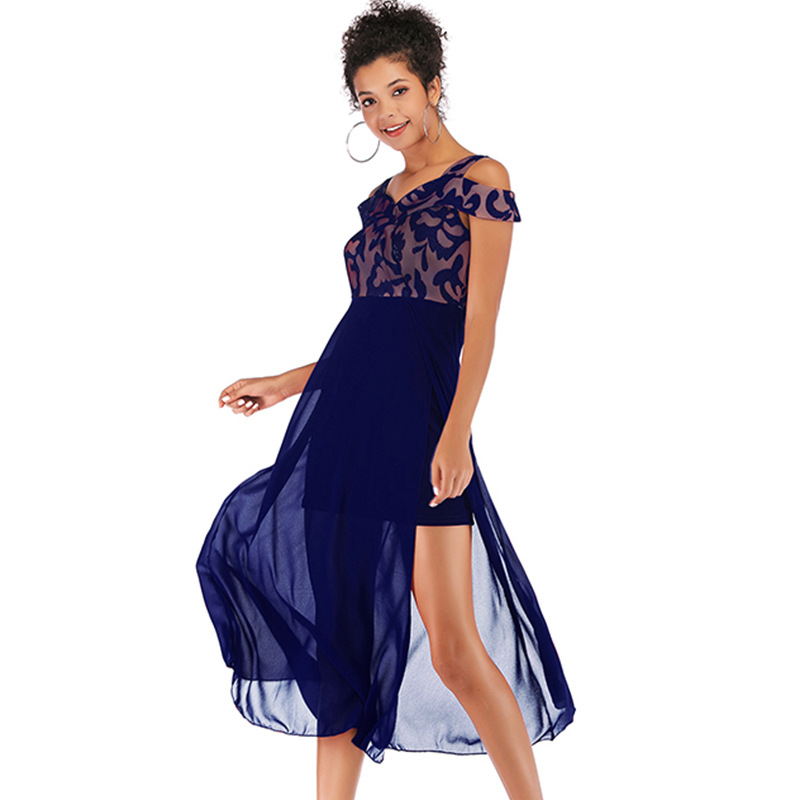 

Summer Mesh Dresses Women A-line boho Elegant printing female long dress ladies dress Loose stitching Office Lady Solid V-Neck, Black