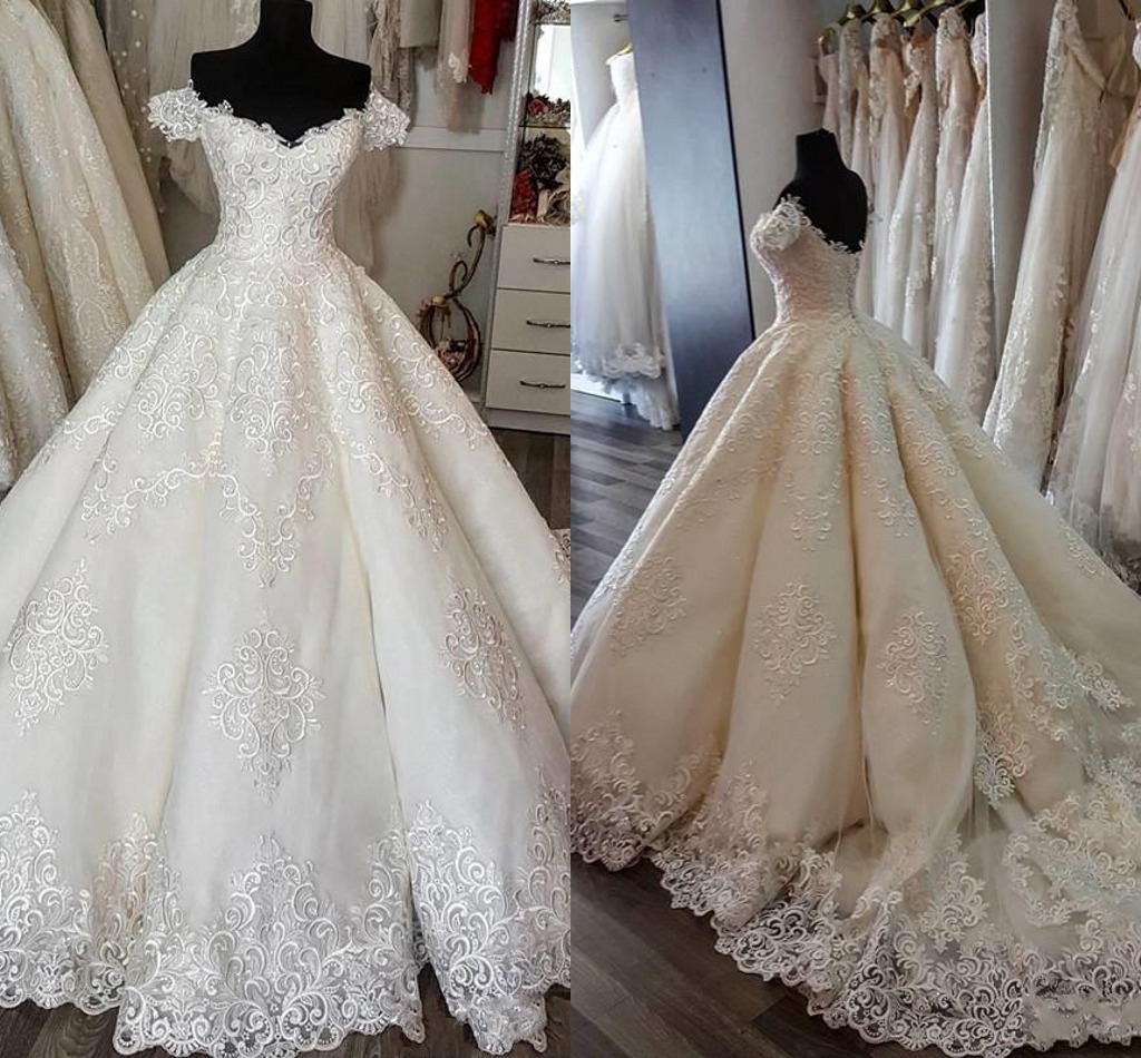 

2020 Ball Gown Wedding Dresses Gorgeous Lace Off Shoulder Formal Church Bridal Gowns Arabic Court Train Vestidos de novia custom made AL3833, White