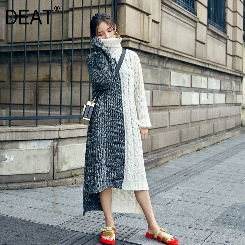 

DEAT 2019 Autumn And Winter New Products Fashion High Collar Pullover Lazy Wind Long Color Matching Sweater Skirt PB123, As shown