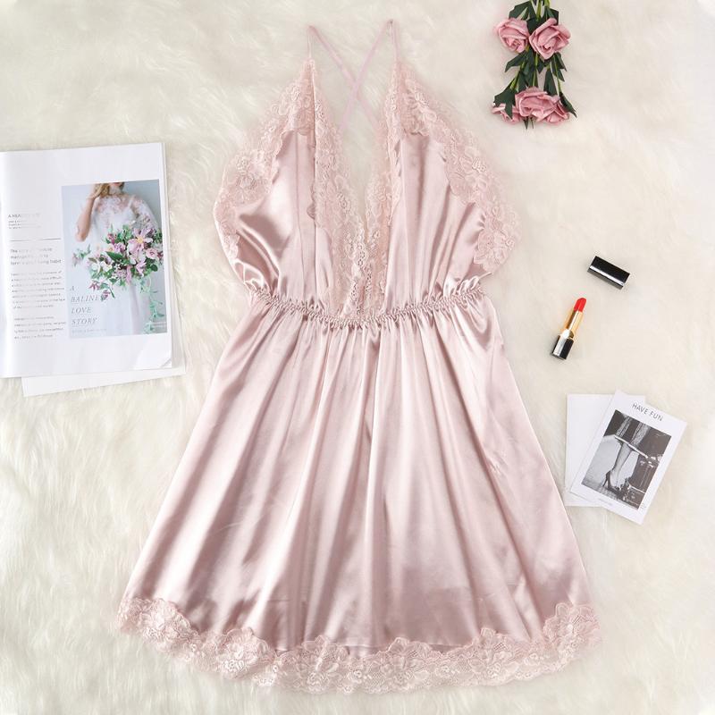 

Women' Lace Satin Sexy Backless Babydoll Nightwear Sleepwear Nuisette Femme De Nuit Nightgown Spaghetti Strap Solid Nightdress, Pink