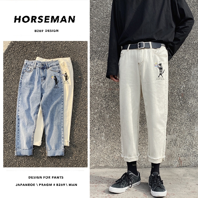 

2020 Spring And Autumn New Basic Solid Color Printed Loose Jeans Fashion Casual Mid-low Waist Cropped Pants Blue / White -2XL