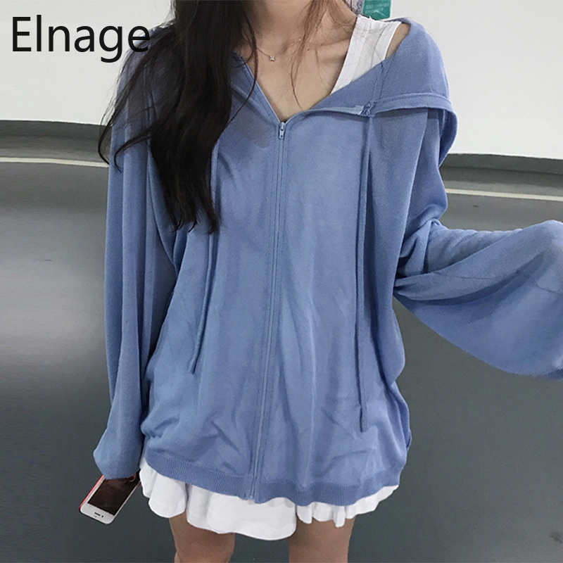 

Long Sleeve Knitted Sweatshirts 2020 Spring Summer Oversize Hoodies Solid Slim Thin Sunscreen Hooded Korean Tops Women 5B264, Bottom skirts