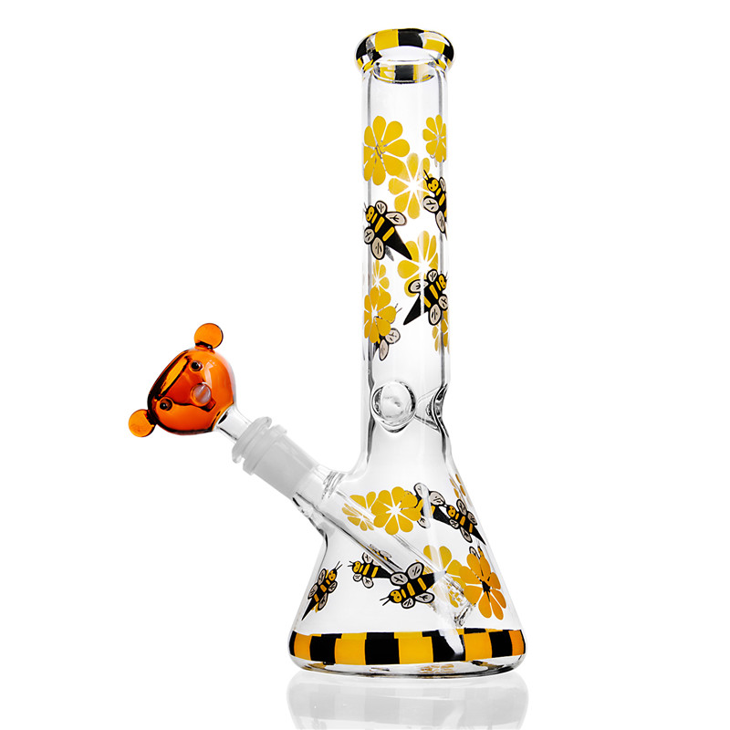 

Beaker Glass Water Bongs Yellow Bee Print Dab Rigs Percolater Dab Rig with 18mm Pig Heady Bowl Stem Perc Glass Bong Water Pipe