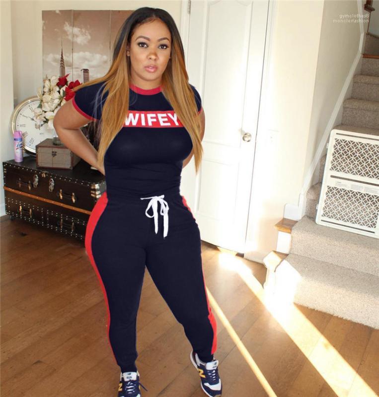 

Summer Slim Letter 2pcs Pants Casual Womens Clothing Print Wifey 2 Piece Woman Set, Navy blue