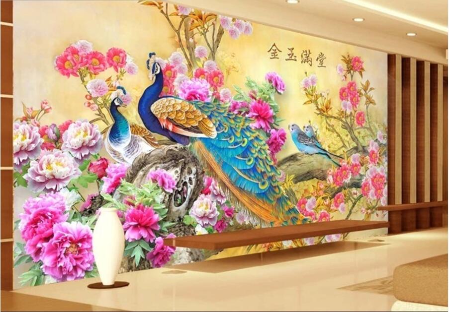 

3d wallpaper on the wall custom photo Peacock Chinese style peony flower home decor living room 3d wall murals wallpaper for walls 3 d, Non-woven wallpaper