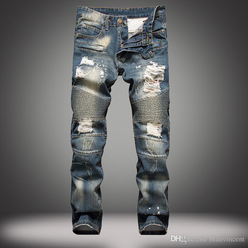 2019 High quality summer pants Straight ripped jeans pleated zipper Mens Clothing tops Jeans Slim Fit styles Fashion Hip hop Designer Causal
