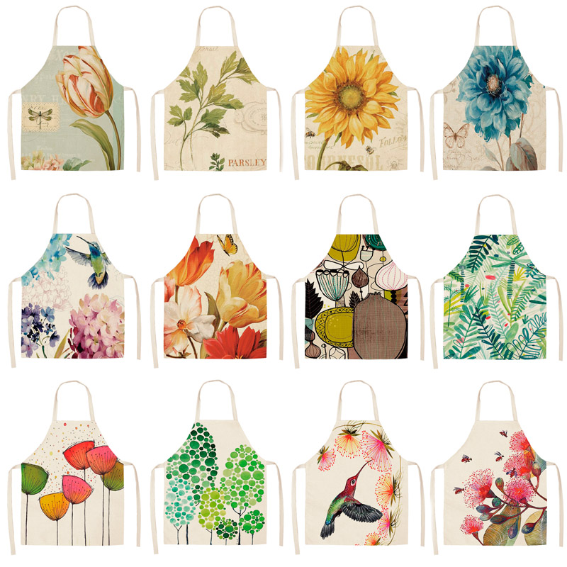 

Parent-child Kitchen Apron Fashion Flower Bird Bee Print Sleeveless Cotton Linen Aprons for Kids Men Women Home Cleaning Tools