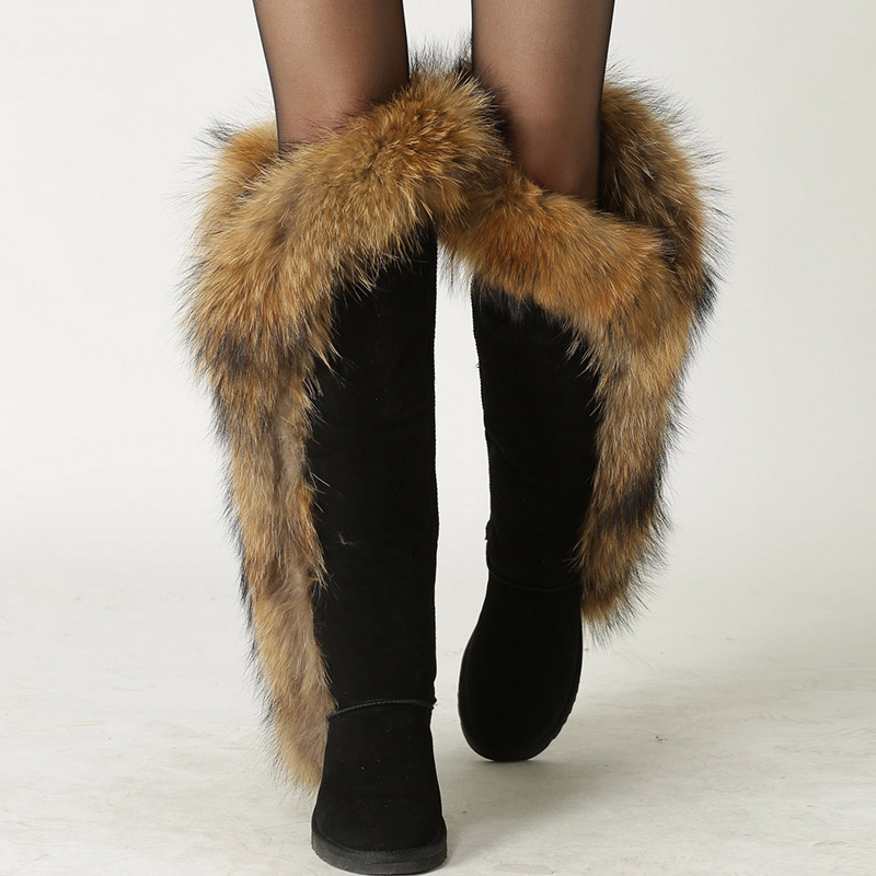 

Natural Fox Fur Cow Suede Leather Over the Knee Long Winter Boots for Women Snow Boots Warm Shoes High Quality Black