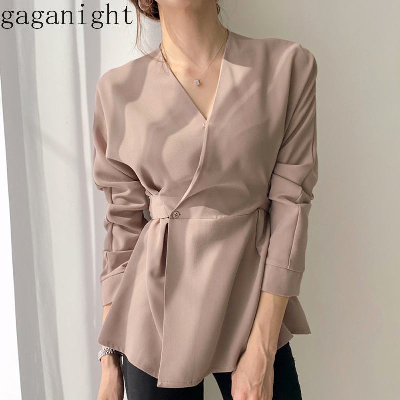 

Gaganight Fashion Spring Women Blouse Long Sleeve V Neck Slim Lady Shirt Vintage Korean Chic Blouses Bandage Tops Blusas Solid, Black