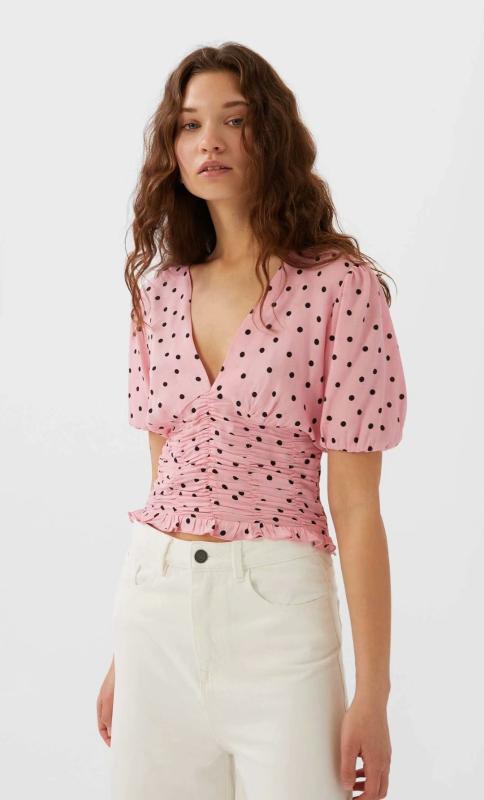 

2020 Spring Summer New Pink Polka Dot zarang women blouse Shirt sheining vadiming female blouse Shirt tops clothes XDN9564, As pic