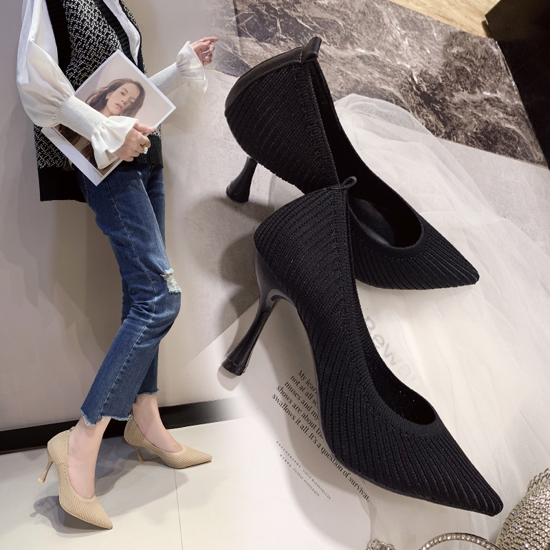 

Fashion Black High Heels New Shallow Mouth Women's Shoes Professional Work Shoes Pointed Toe Stiletto Knitted Single Shoes