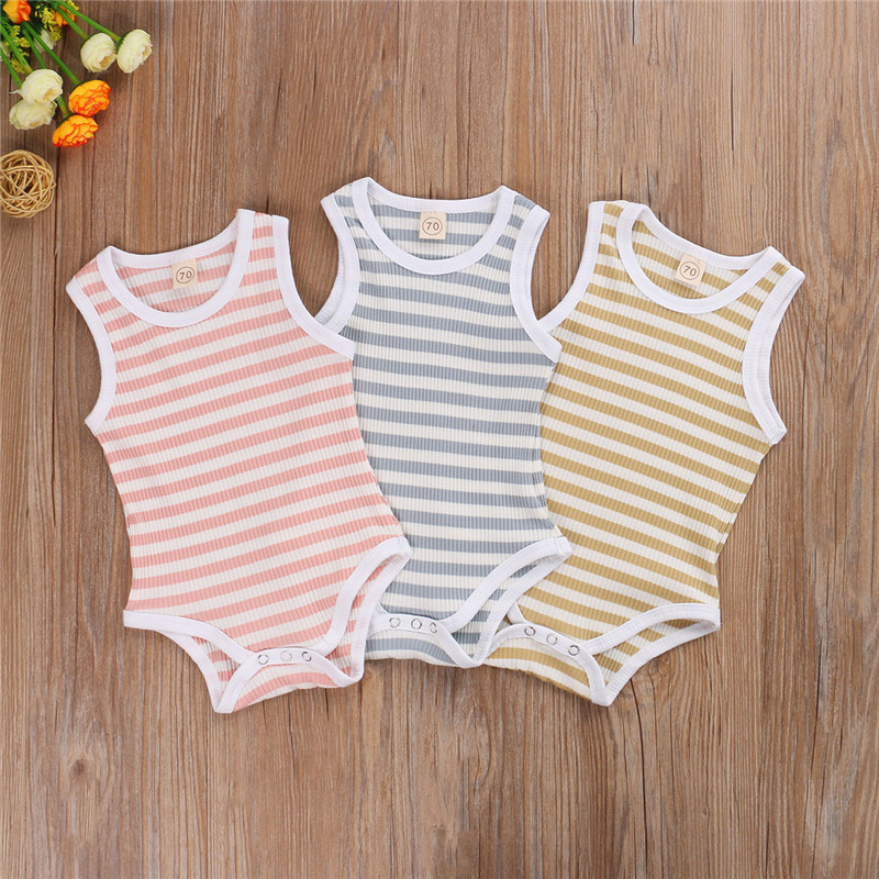 

2020 Summer Sleeveless Newborn Baby Girls Boys Clothes Striped Print Ribbed Knitted Romper Jumpsuit Soft Baby Outfits One-Piece