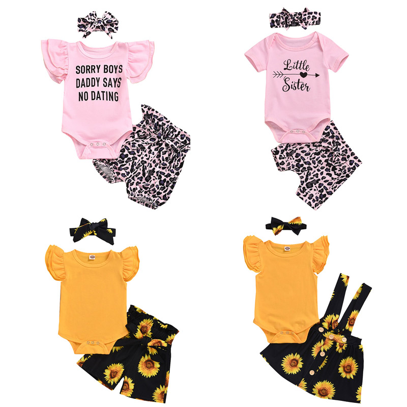 

Infant Baby Cartoon Suits 7 Designs Sunflower Ruffle Outfits Kids Casual Clothes Girls Leopard Printed Letter Tops Shorts Headband 060320, #1