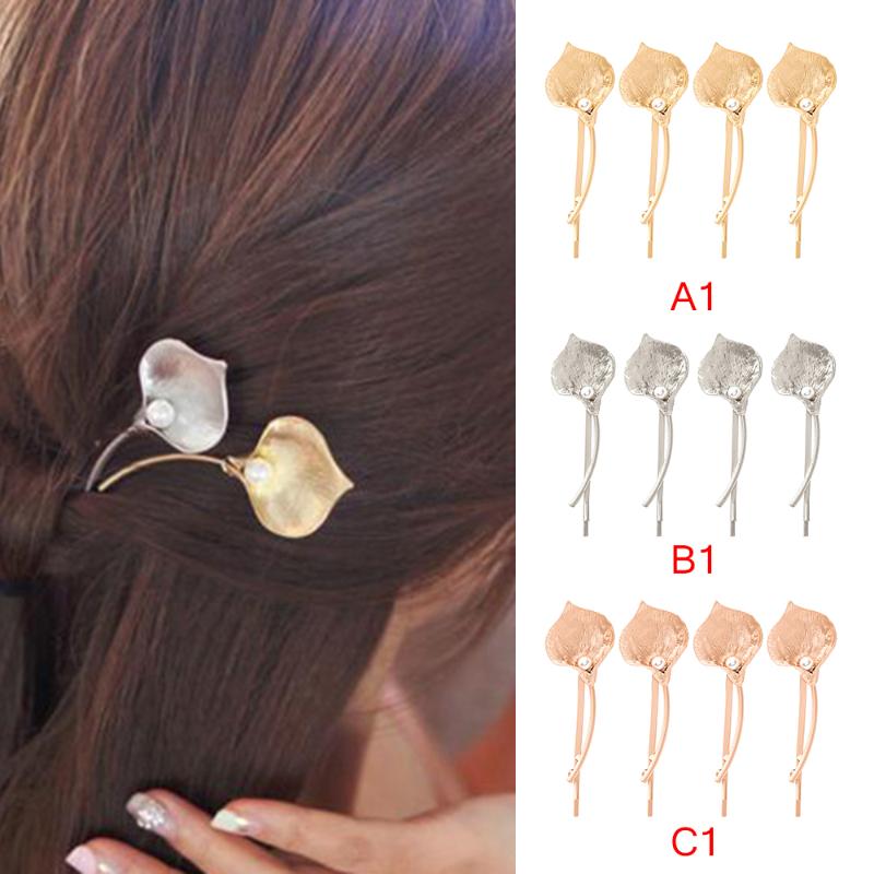 

4pcs Calla Lily Flower Simulated Pearl Golden Silver Metallic Hair Clips and Pins Plant Barrette Women Headwear Accessories