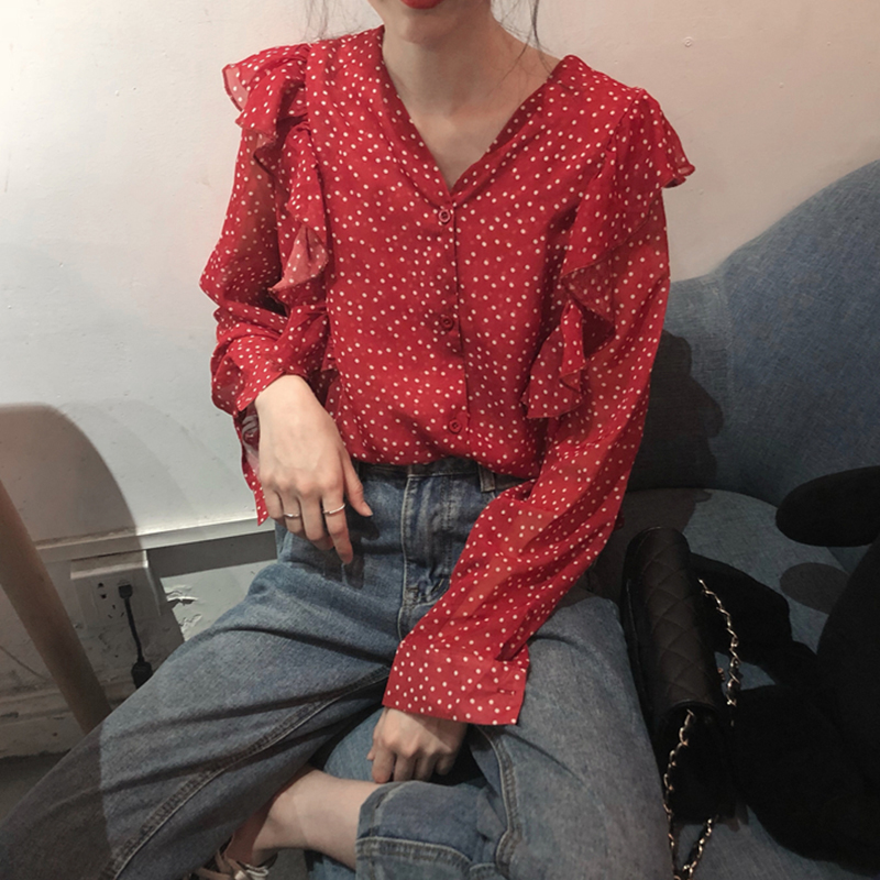

Vintage Women's Clothing Blouses V-neck Oversize Ruffles Shirts Polka Dot Spring Chiffon Woman Tops Blusas Mujer De Moda New, Red