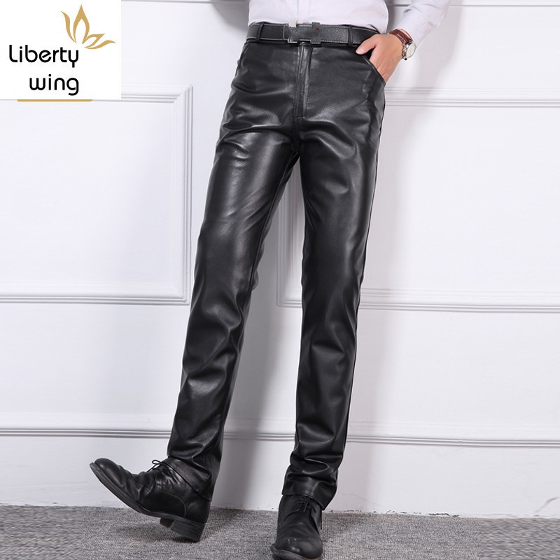 

Plus Size 40 Mens Business Casual Trouser Real Leather Slim High Quality Mid Waist Zipper Full Length Pants Sheepskin Motor Mans