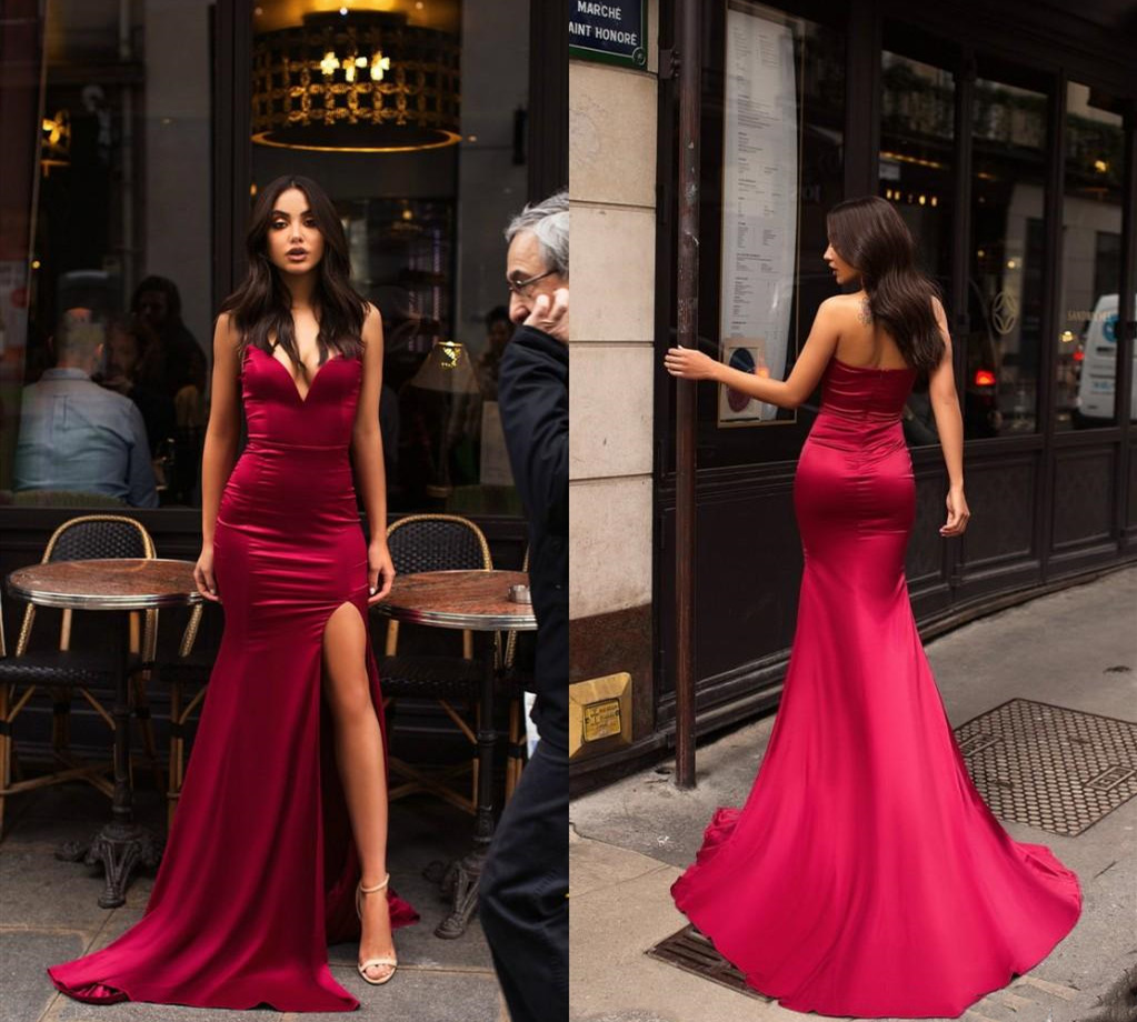 

2019 Sexy High Side Split Mermaid Dresses Dark Red Sweetheart Floor Length Formal Evening Dresses Deep V-Neck Satin Slleeveless Prom Dress, Light yellow