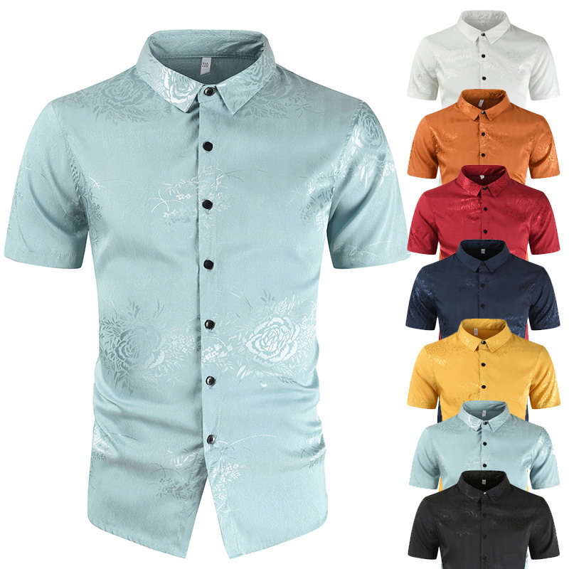 

Summer Cotton Light Blue Button Shirt Men Casual Embroidered Shirt Short Sleeve 3D Print Male Party Social Collar Oversize, Black
