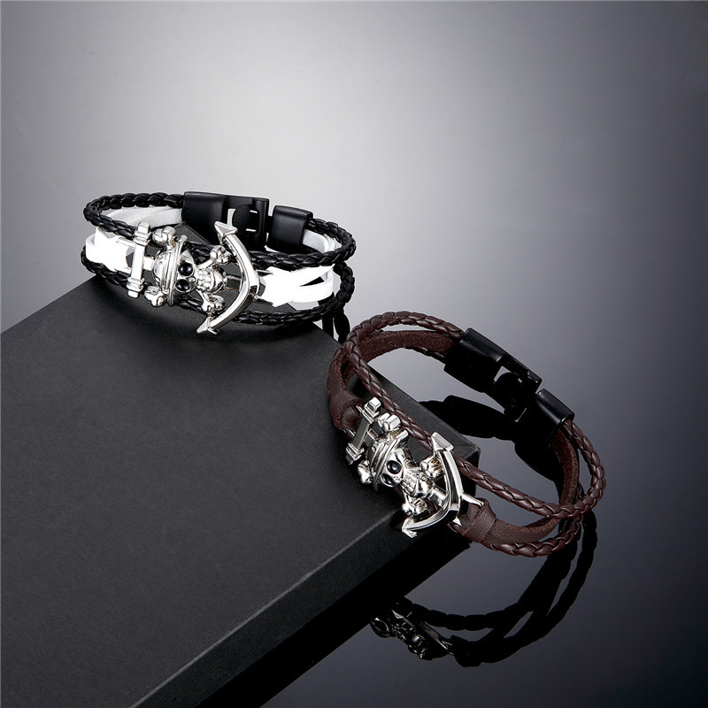 

Men's Fashion Genuine Leather Bracelet Alloy Skull Multilayer Woven Rope Bracelet for Men and Women