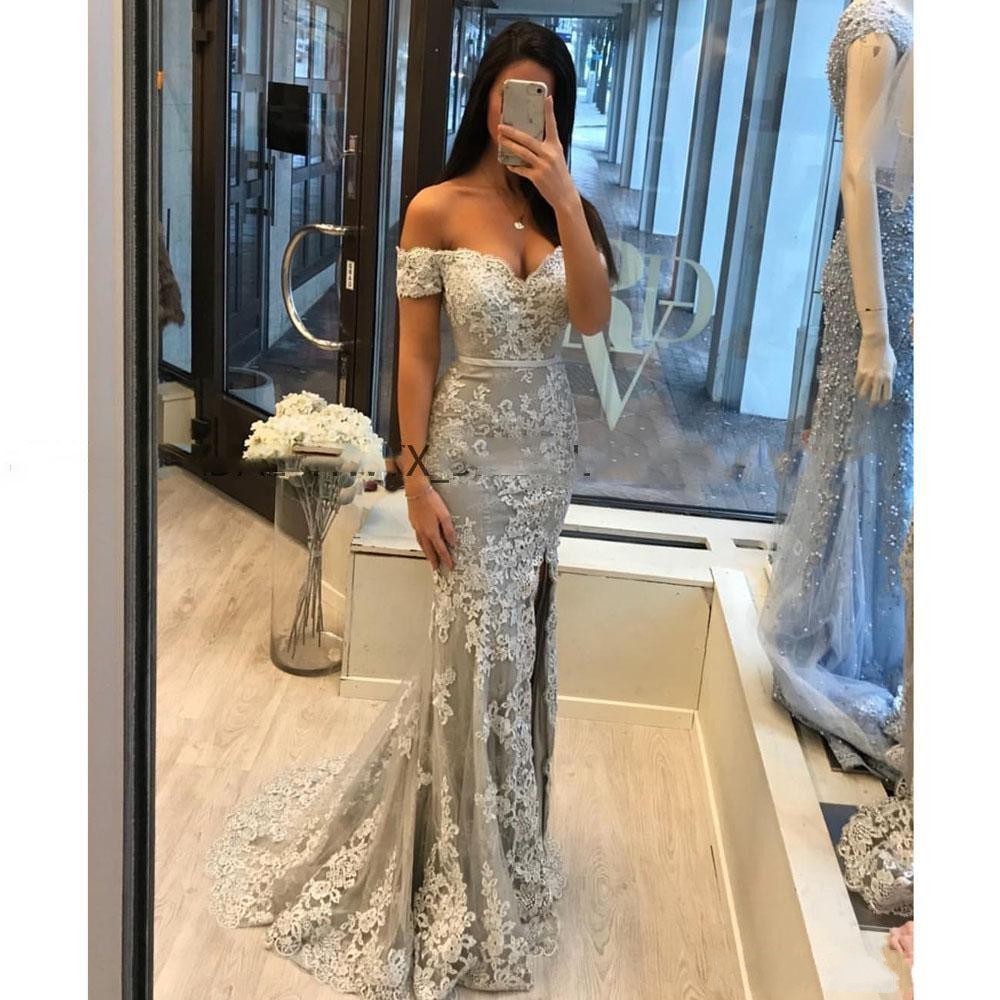 Elegant Lace Applique Mermaid Evening Dress 2020 Off the Shoulder Side Slits Long Formal Prom Gowns Vestidos
