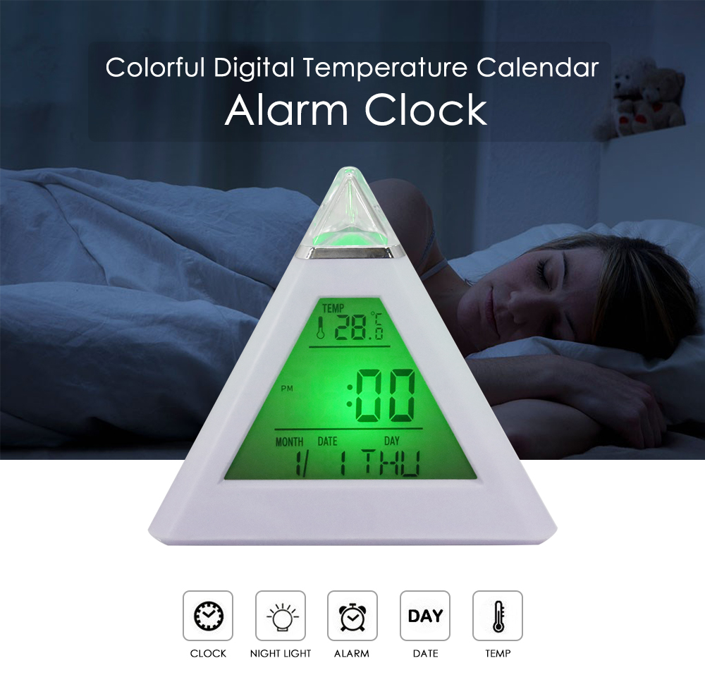 

Colorful Digital Temperature Alarm Clock LED Changing Pyramid Digital LCD Snooze Alarm Clock Triangle
