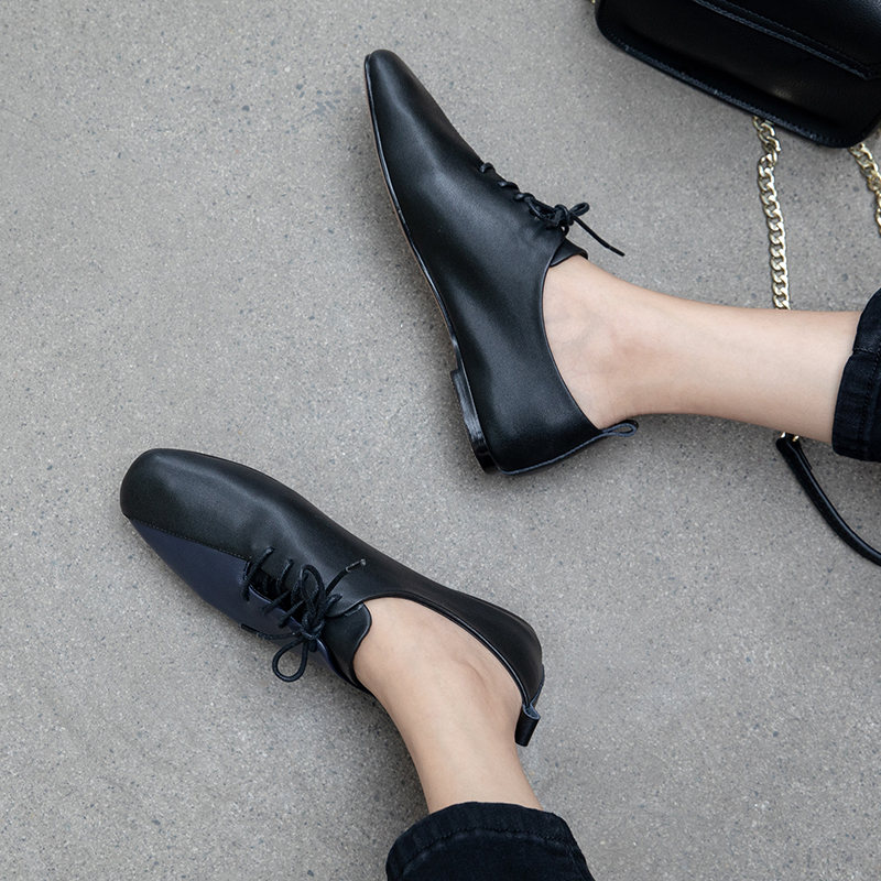 

women Pumps plus size 22-26.5cm length color stitching Genuine Leather shoes woman ladies shoes Low heel square toe, Black