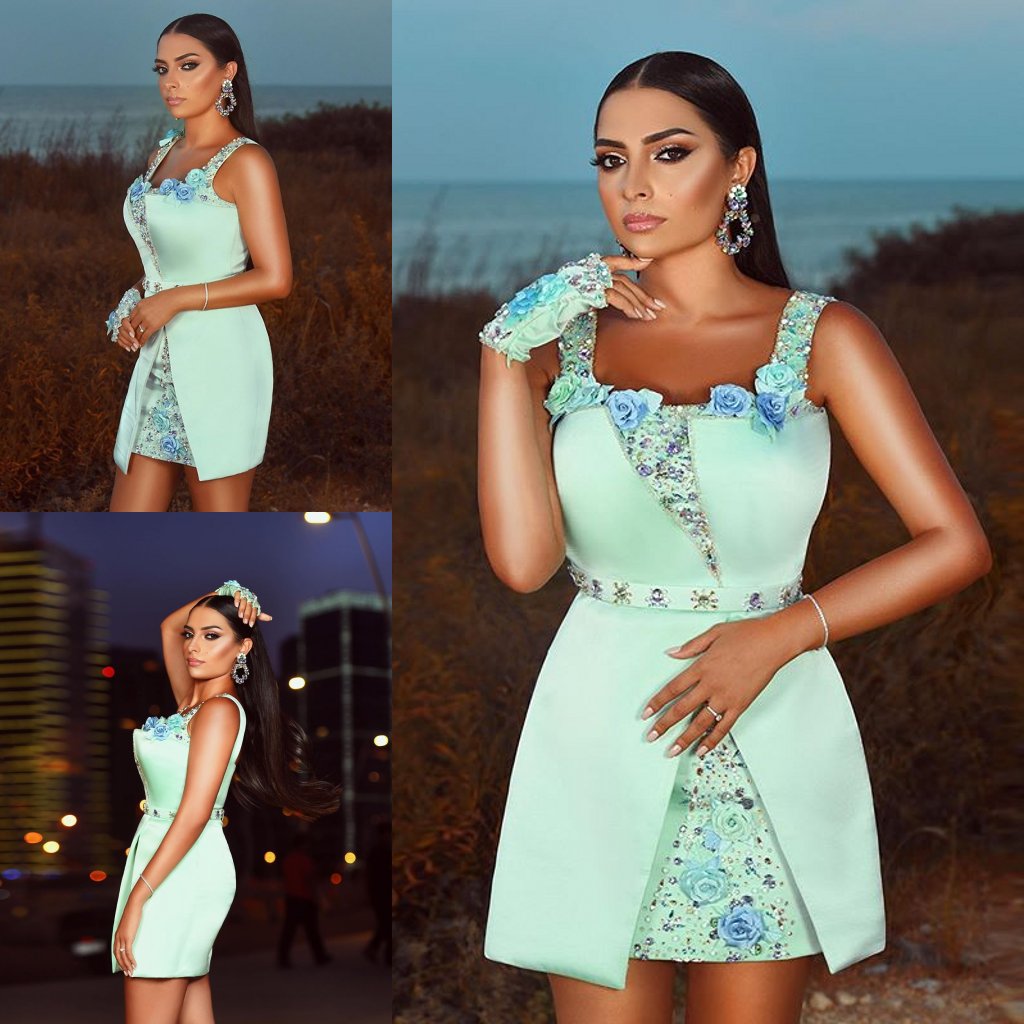 

Hand Made Flowers Mini Prom Dresses Strap Sleeveless Beads Appliques Satin Sheath Party Gowns Short Prom Gowns, Chocolate