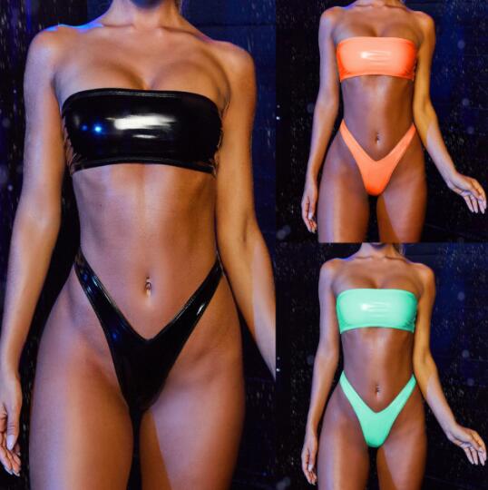 

Top Bikini suit set swimwear women' separate halter bright leather bra bright leather bra swimwear with ruffle edge one shoulder sexy print