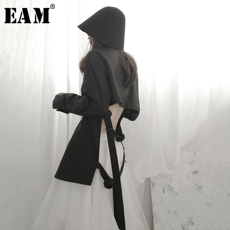 

EAM] Women White Bandage Back Hollow Out Blouse New Lapel Long Sleeve Loose Fit Shirt Fashion Tide Spring Autumn 2020 1T122, Black