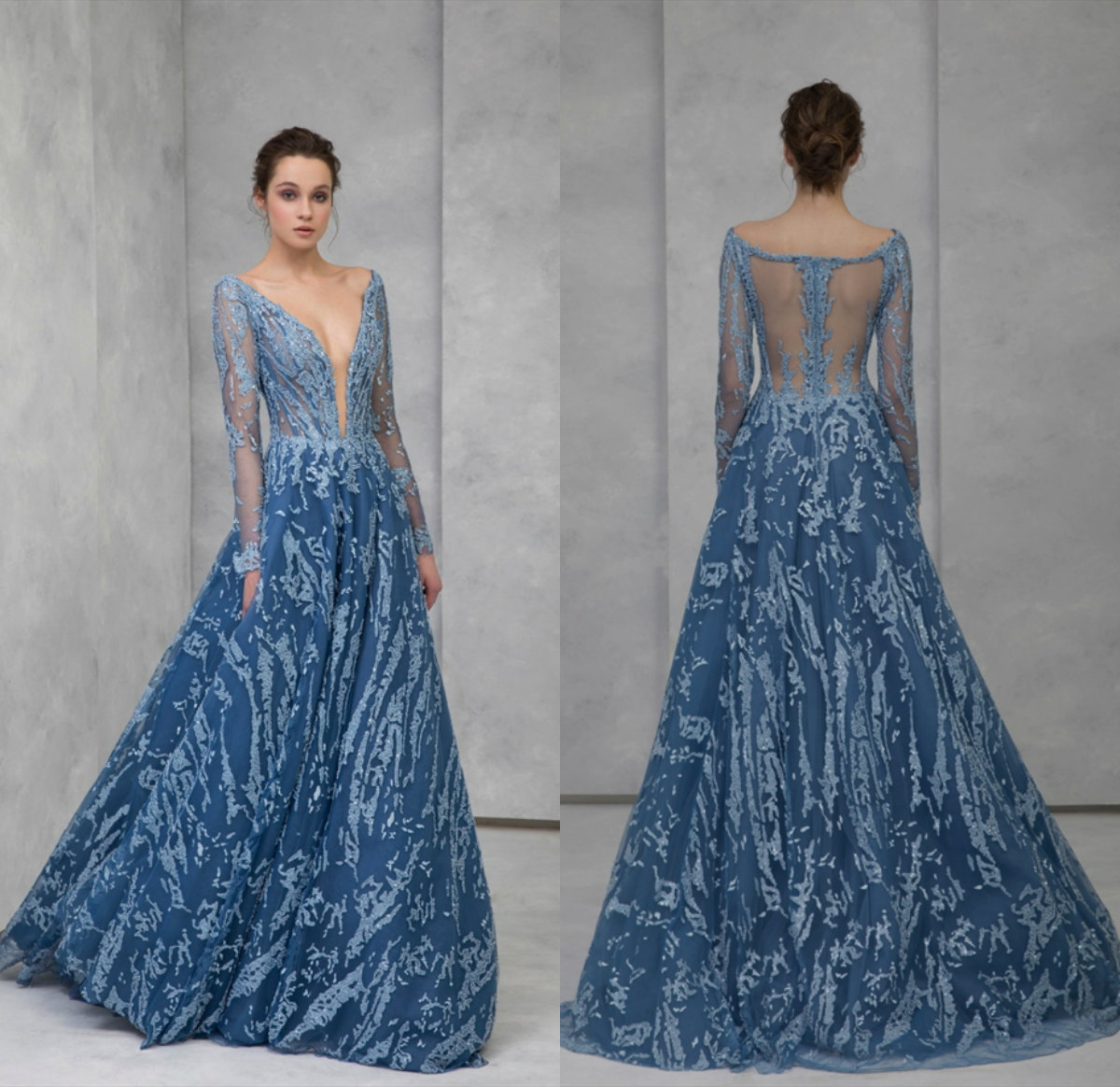 

Tony Ward 2020 Deep V Neck Evening Dresses A Line Appliques Long Sleeve Prom Dress Designer Sweep Train Custom Sexy Robes De Soirée, Purple