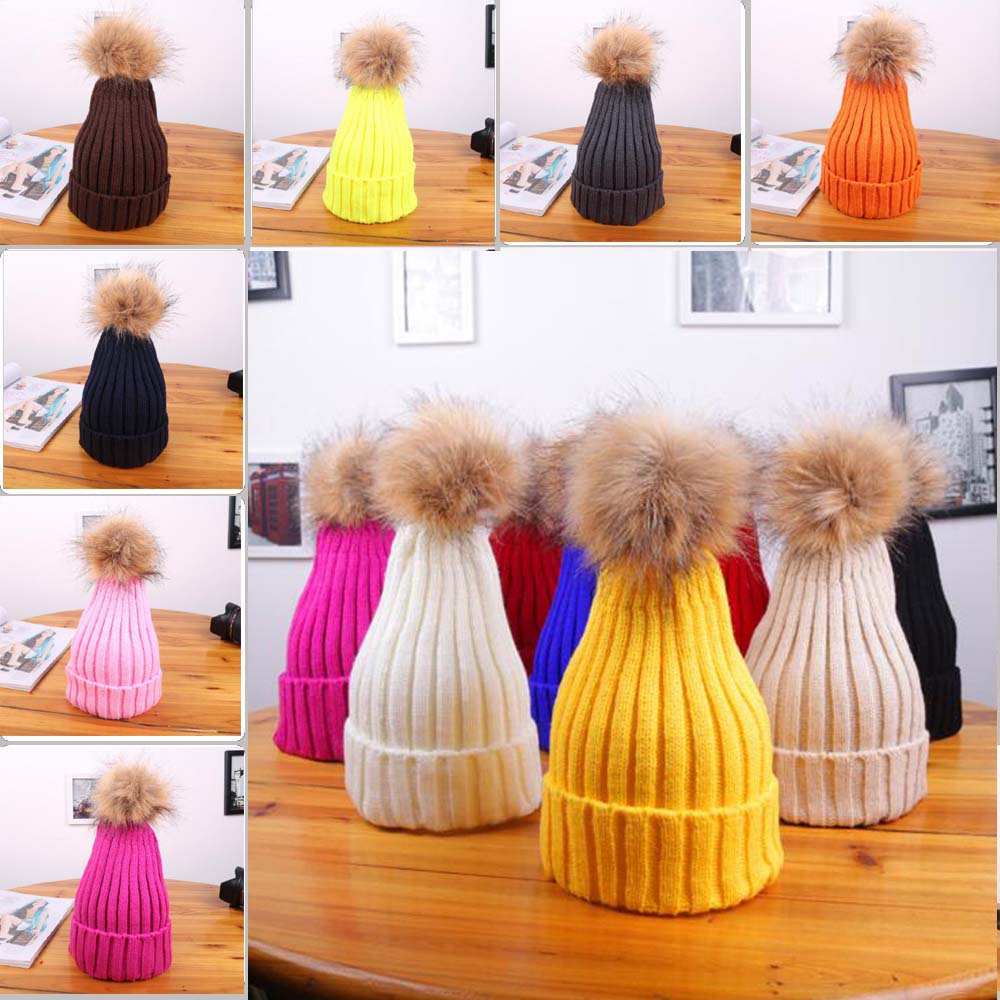 

Parent Kids Winter Warm Hat Cap Child Adult Flexibility Crochet Candy Color With Fur Ball Family Beanie Hat, Mix colors/ pls remark colors number
