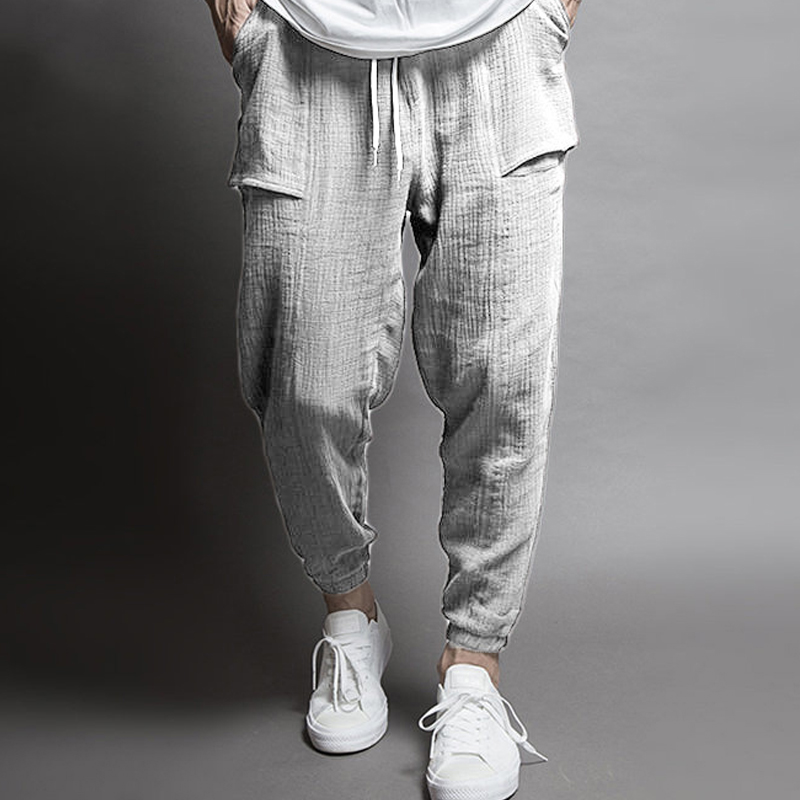 High Quality Mens Hip Hop Cotton Linen Pants Drawstring Waist Pocket Loose Pencil Pants Casual Harem Sweatpants Trousers