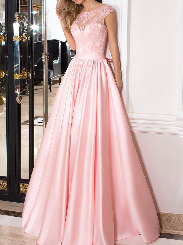 

Sweet Pink Satin Evening Dress with Belt Sexy Cap Sleeves Lace-up Back Women Long Prom Gown robe de soiree, Champagne
