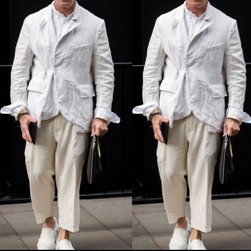 

Casual New Fashion Linen White Coat Beige Pants Summer Beach Wedding Tuxedo Men Suits Handsome Best Man Blazers 2PCS Groomsmen, Black