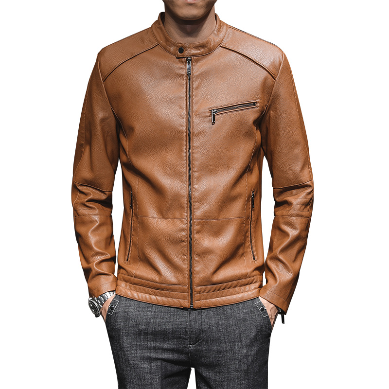 

2020 New Spring and Autumn Men's Fashion Personality Locomotive PU Leather Jacket Male Leisure Thin Section Slim Jacket Coat Men, Dark grey