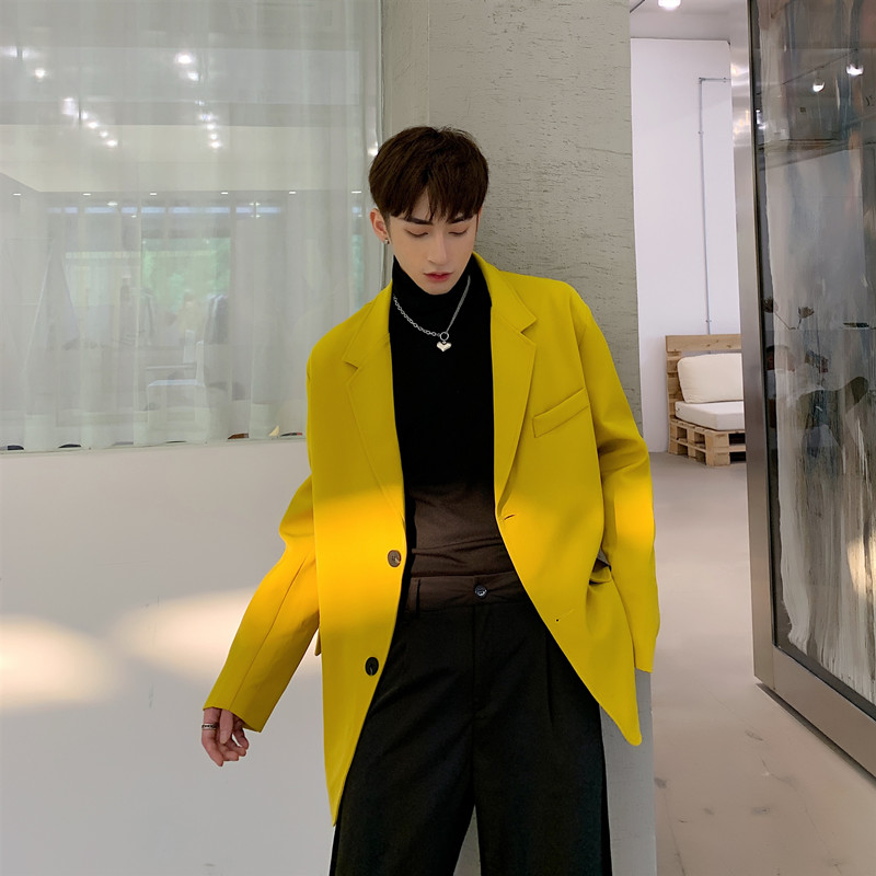 

Male Women Streetwear Loose Suit Coat Outerwear Couple Clothes Men Vintage Fashion Yellow Casual Blazer Suit Jacket Overcoat, 19116