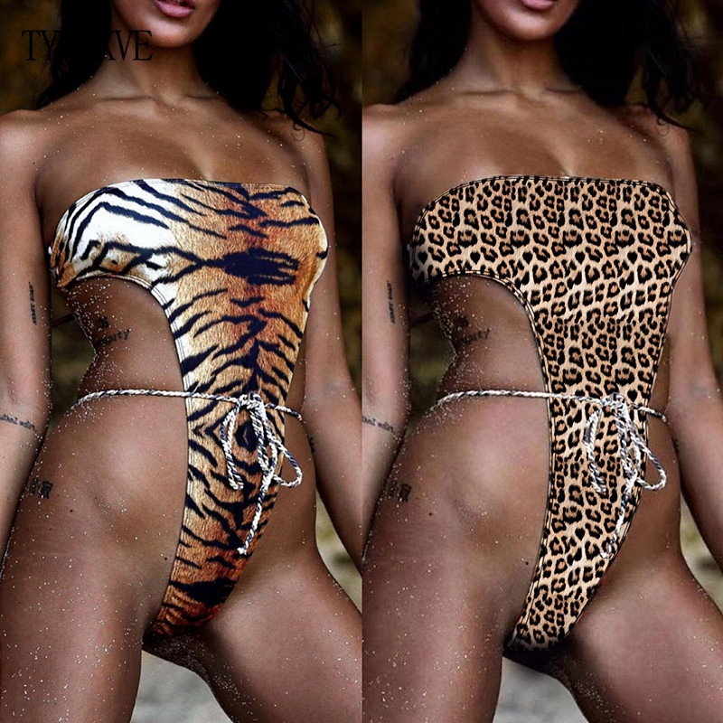 

New Leopard print one piece swimsuit female Thong bikini 2019 Bandeau Bandage bathing suit monokini swimwear women bathers Beach, Print bikini