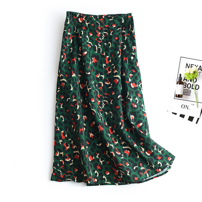 

2020 Spring Summer Skirt Colorful Leopard Print Long Skirt Fashion Women Ladies Green High Waist Split A-line Maxi Female