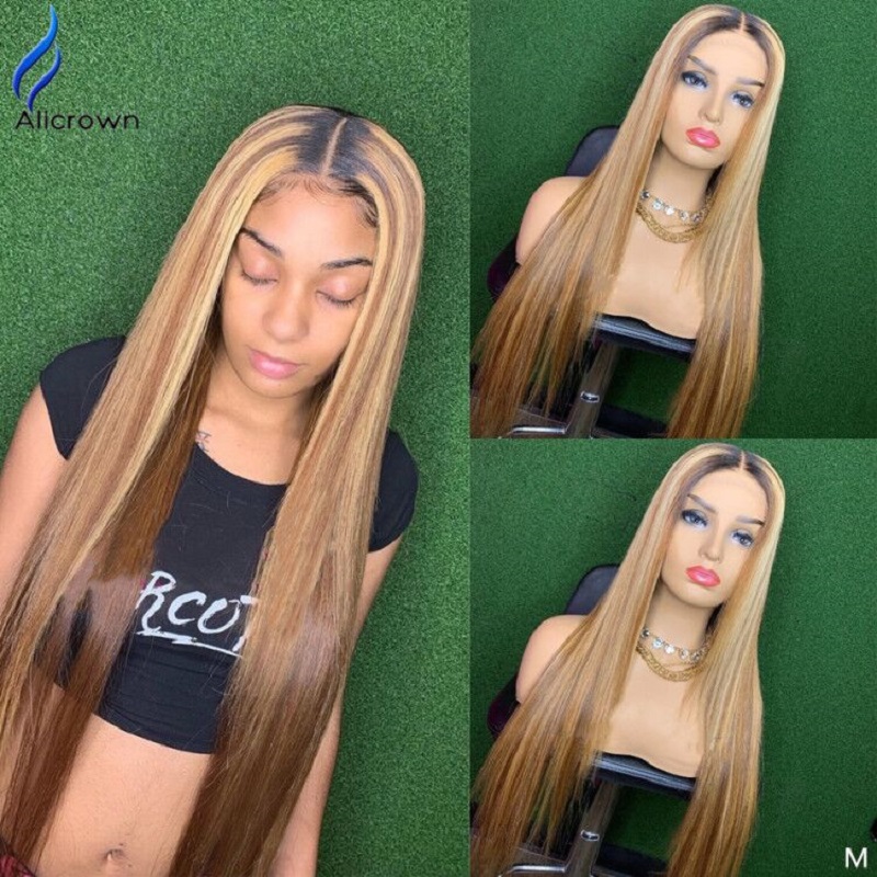 

ALICROWN Straight Ombre Lace Front Human Hair Wigs 13*6 150% Density Pre-Plucked With Baby Hair Non-Remy Bleached Knots Wig, 13x4 lace front wig