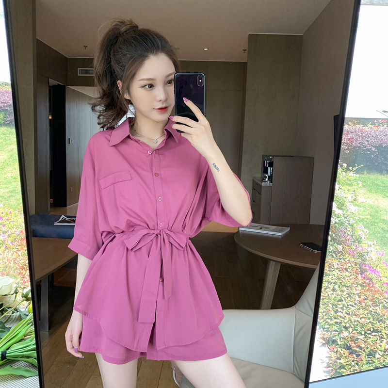 

2020 New Summer Women Fashion Clothing Short Sleeved Shirt Tops + Wide Leg Short Suit Female Two Pieces Set Z29, As pic