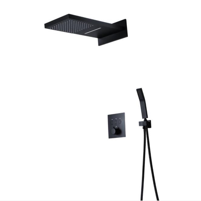 Bathroom Fittings Rain Shower Waterfall Overhead Shower Built In Wall Shower Set with 3 Way Diverter Valve Black Finish-image-524501939
