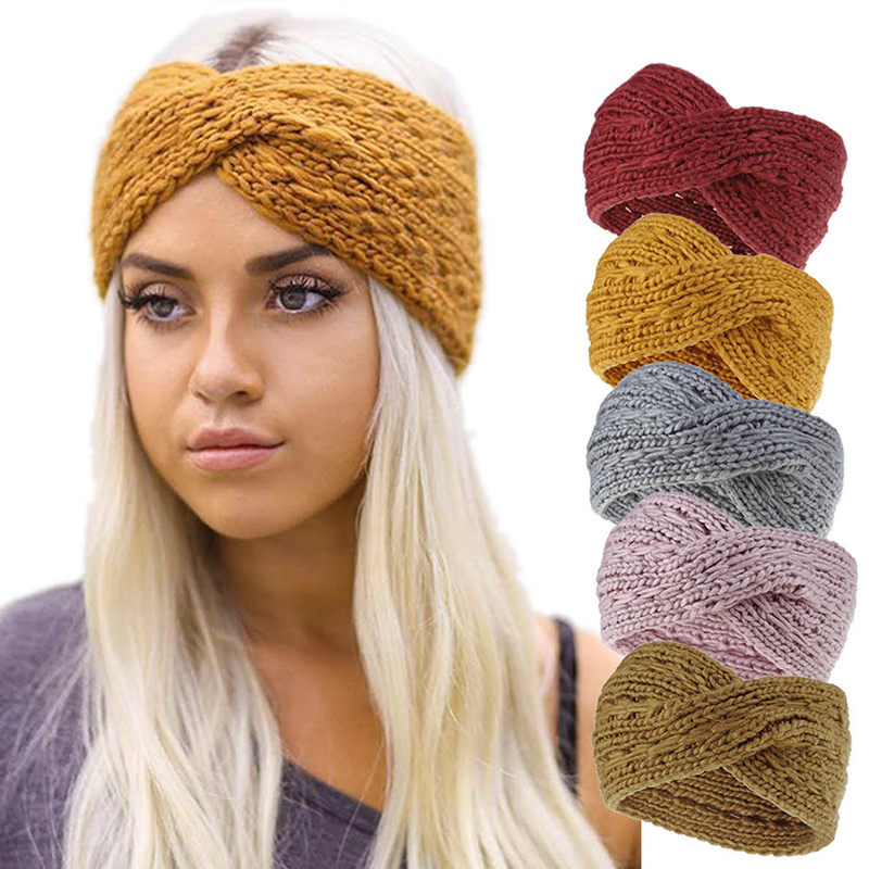 

2020 Winter Warmer Ear Knitted Headband Turban For Lady Women Crochet Bow Wide Stretch cross Hairband Headwrap Hair Accessories