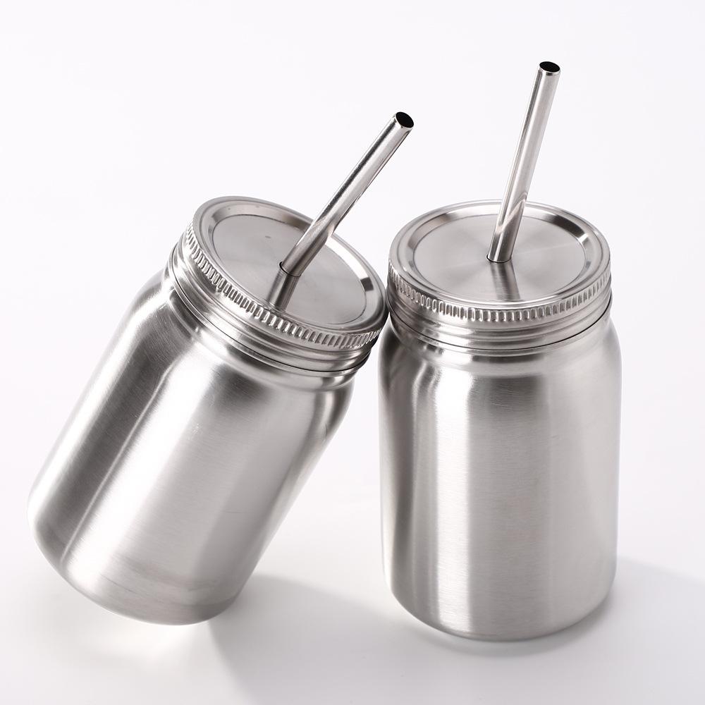 1x 700ml Stainless Steel Mason Jars Bottle with Lid and Straw Double Walled New